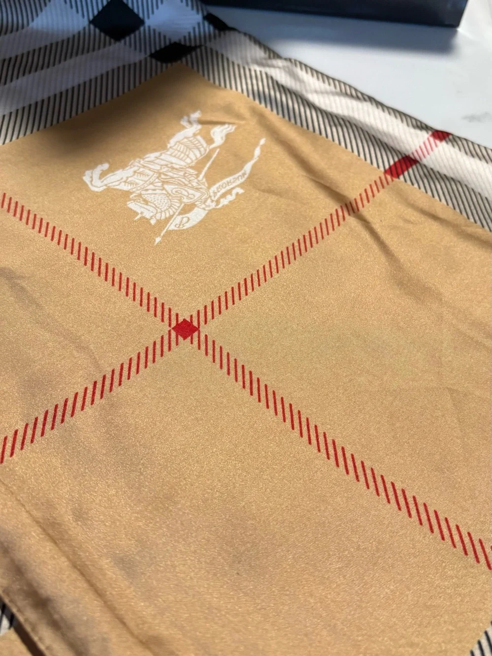 Burberry Camel Plaid Logo Silk Scarf with Red Accent - Picture 2 of 3